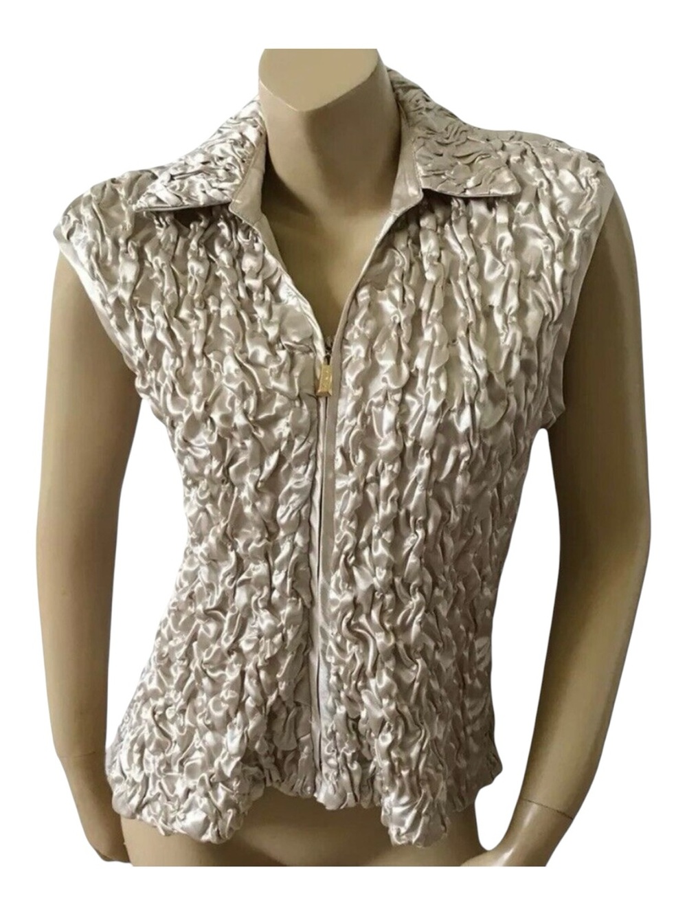 Bellessa Vintage Crinkle Blouse Womens 12 Beige Zip Front Sleeveless Collared